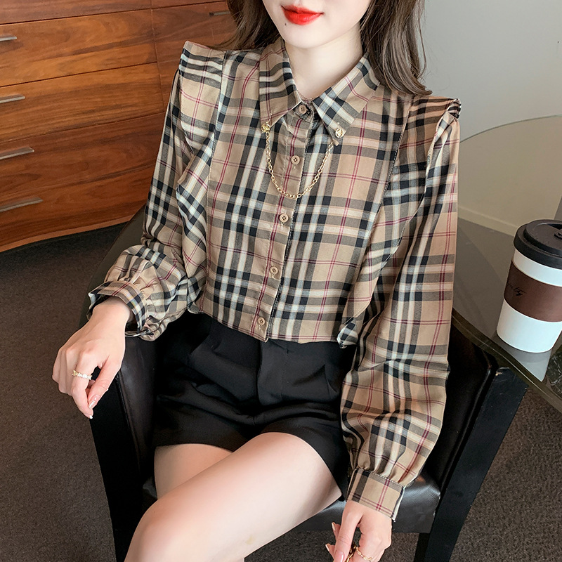 格子衬衫女长袖2023秋装新款韩版时尚气质荷叶边衬衫别致洋气上衣