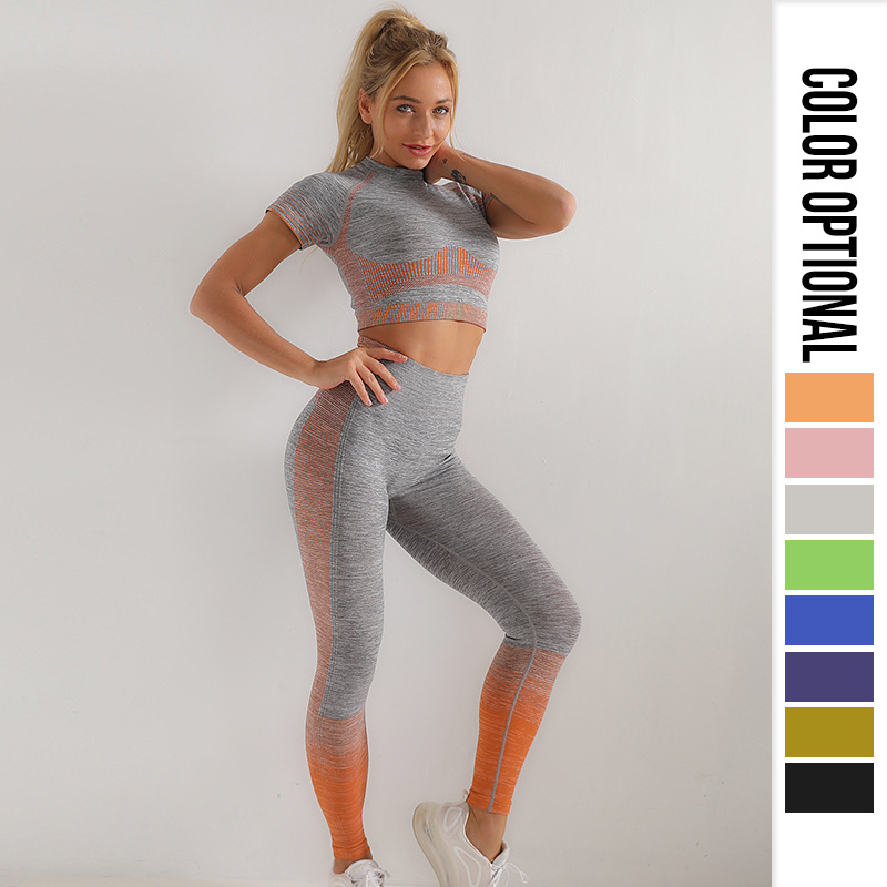 European and American Gradient Color Quick-Drying Seamless Yoga Suit Women's Short Sleeve Yoga Clothing Top Hip Lifting Sport Fitness Yoga Pants