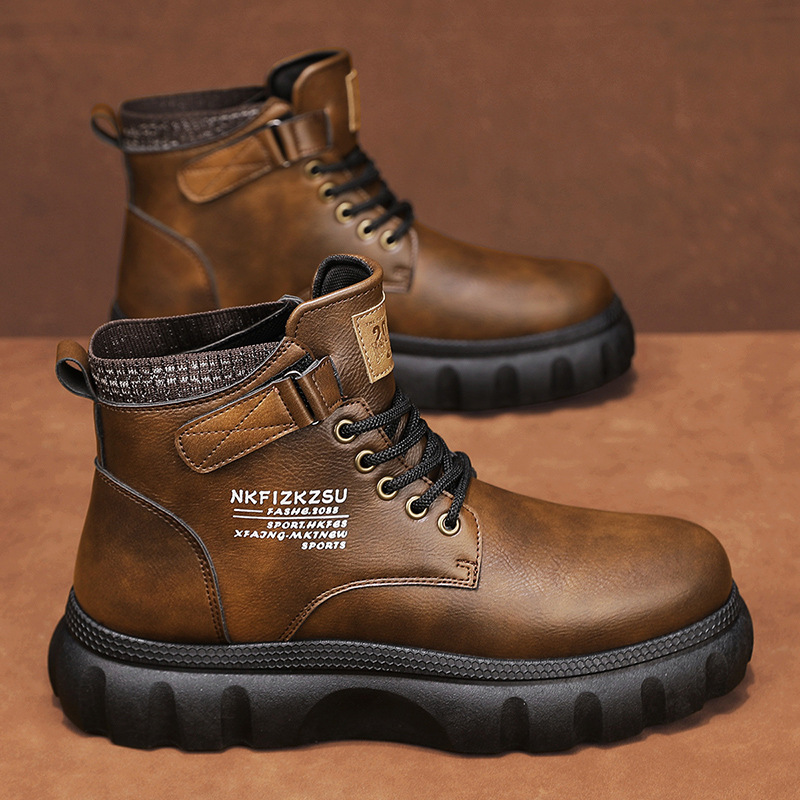 高帮复古时尚马丁靴秋冬系带款男士厚底潮鞋袜子口休闲皮面工装靴