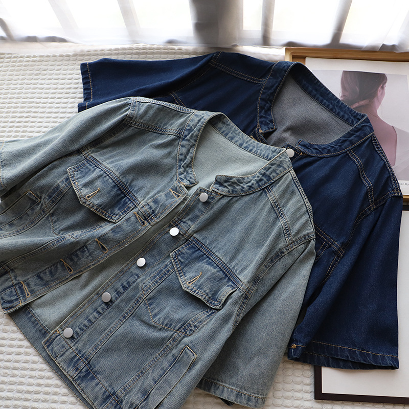 [比正]2024春夏新款立领短袖牛仔外套女休闲小个子外搭短上衣9864