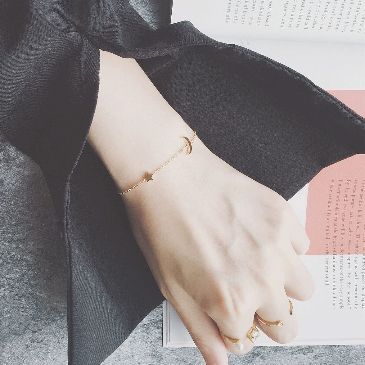 noble lady 韩国设计师极简星月s925纯银镀14k金手链小众设计手饰