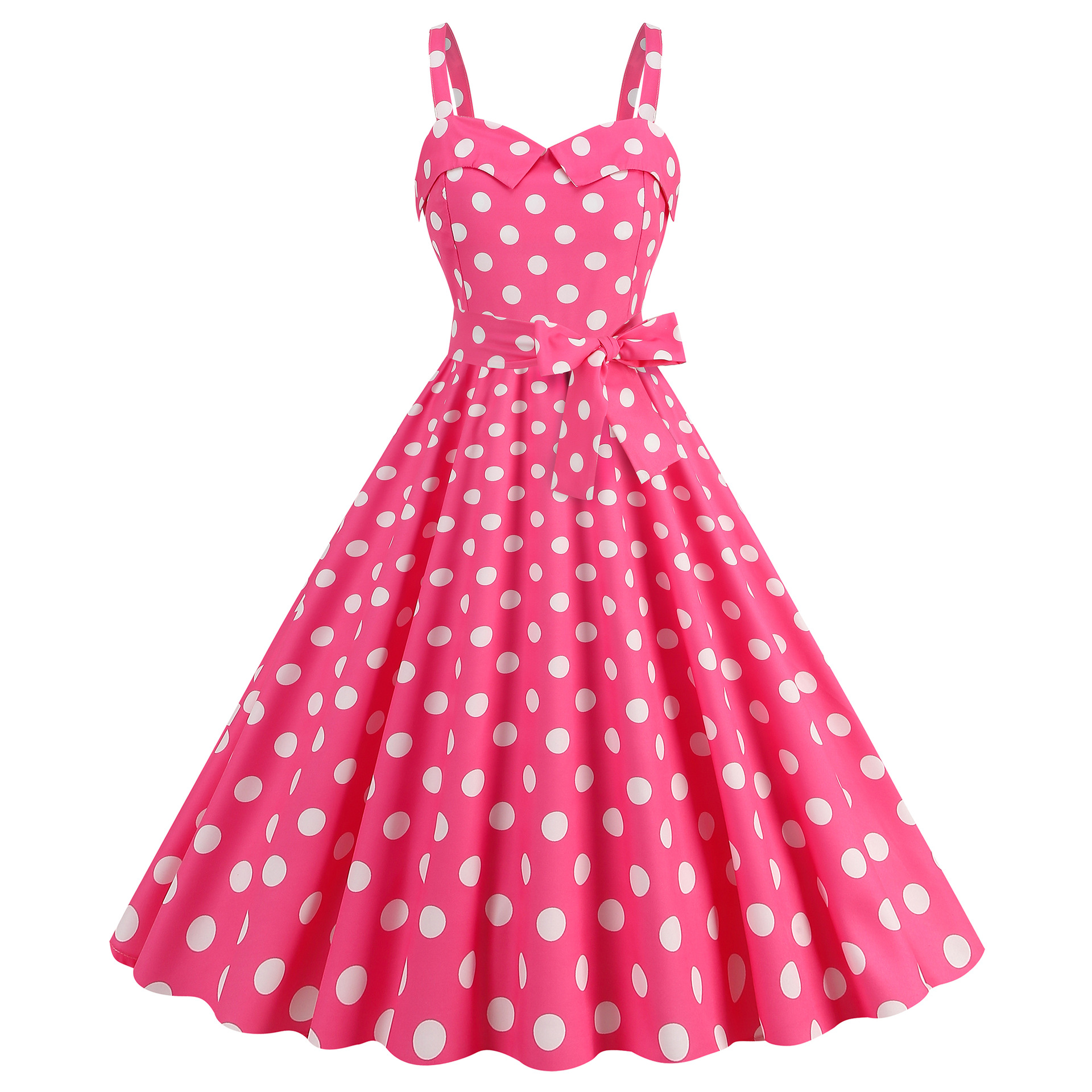 Factory Supply Large Quantity in Stock Hot Sale Barbie Pink Sling Party Casual Polka Dot Plaid Printed Dress