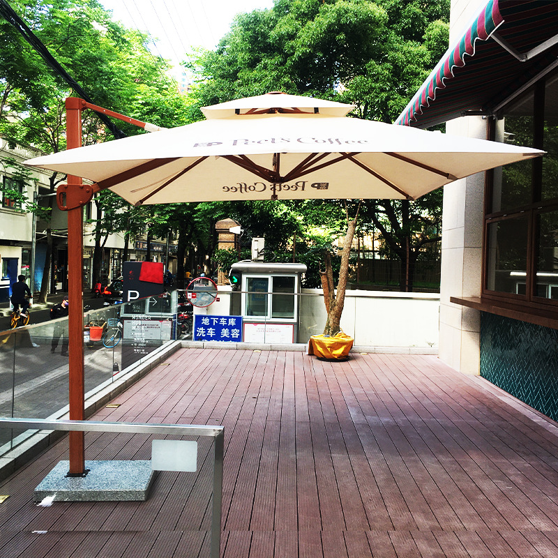 户外太阳伞咖啡店外摆遮阳伞铝合金边柱伞木纹伞庭院伞双层方形伞