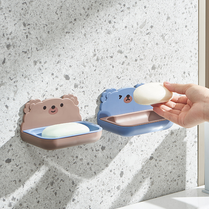 Cute Bear Soap Box Creative Home Bathroom Wall-Mounted Double-Layer Drain Soap Box Cartoon Plastic Soap Box