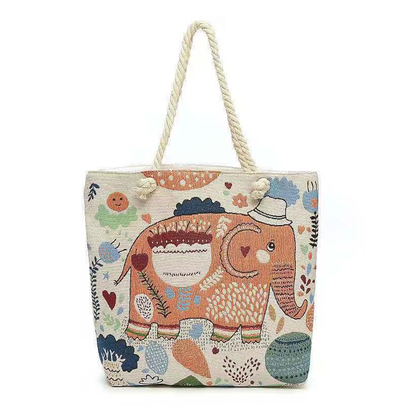 Double-Sided Ethnic Embroidery Thick Rope Bag Women's Live Embroidery Peacock Elephant Canvas Bag Large Capacity Stall Shoulder Bag
