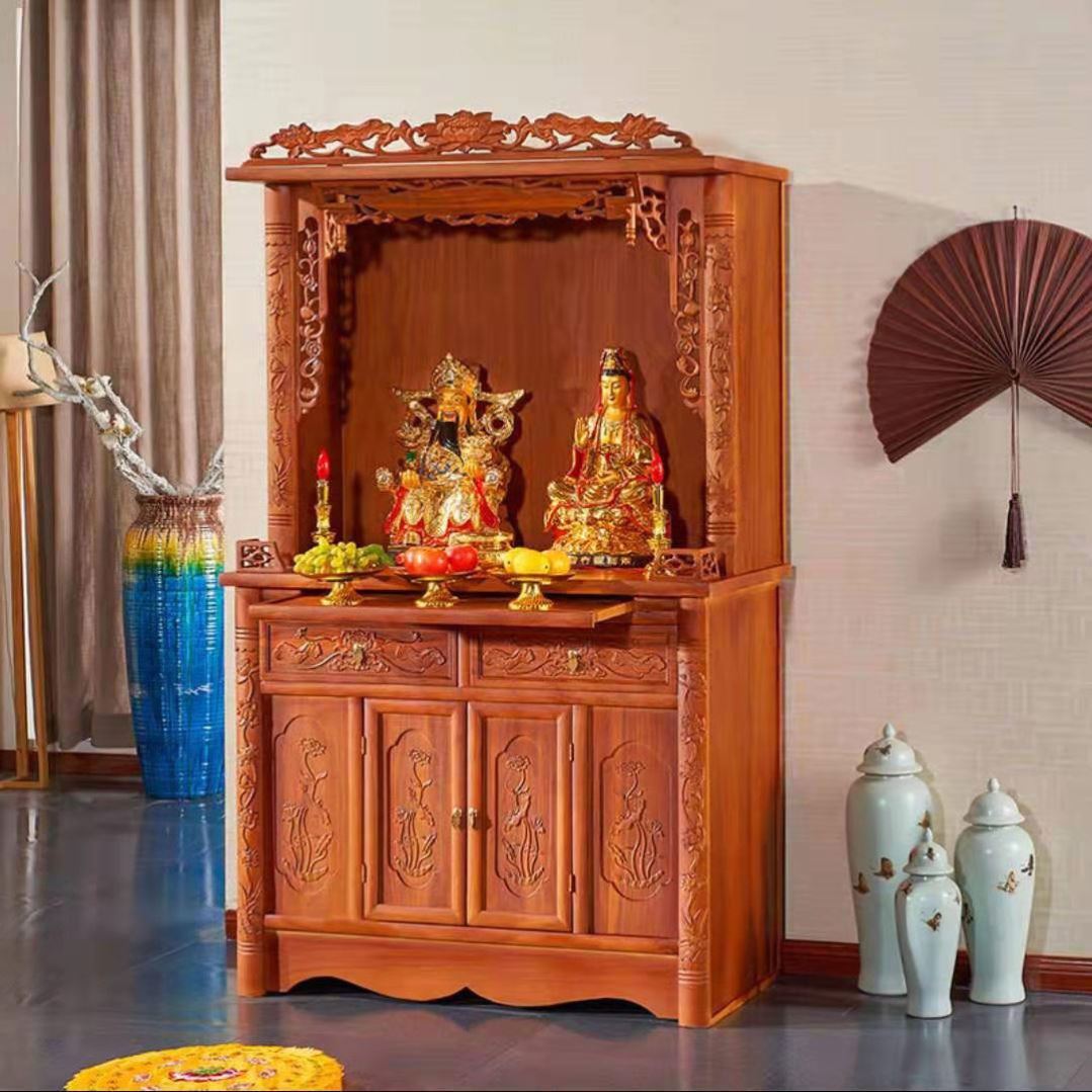 榆木佛龛佛柜带门财神爷供奉桌观音菩萨供台家用供柜中式神台供桌