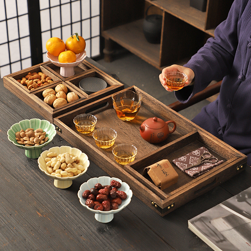 实木茶托围炉煮茶点心盘中式干果收纳盒围聚煮茶盘下午茶零食果盘