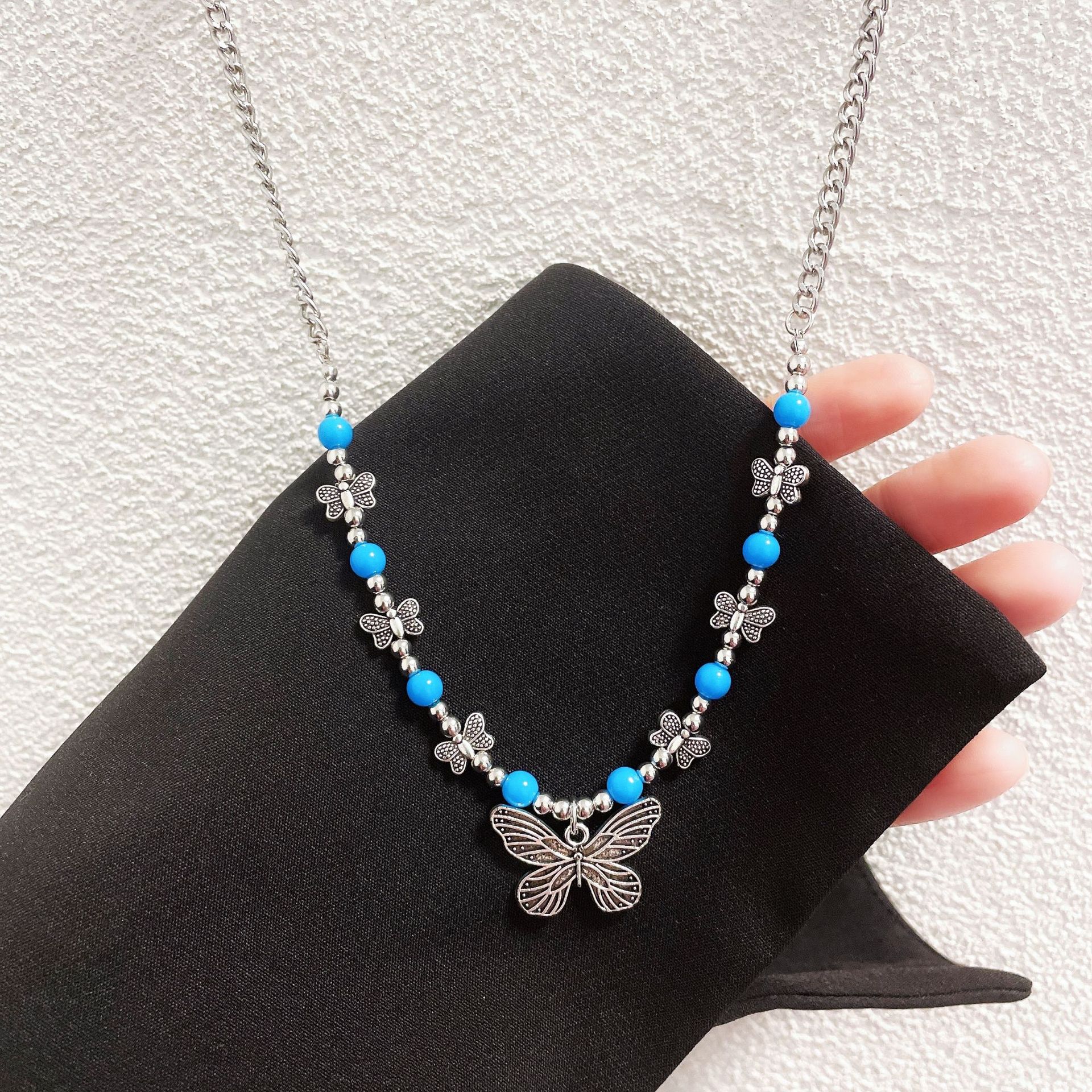 欧美复古串珠蝴蝶项链女时尚嘻哈波西米亚个性锁骨链百搭拼接颈链