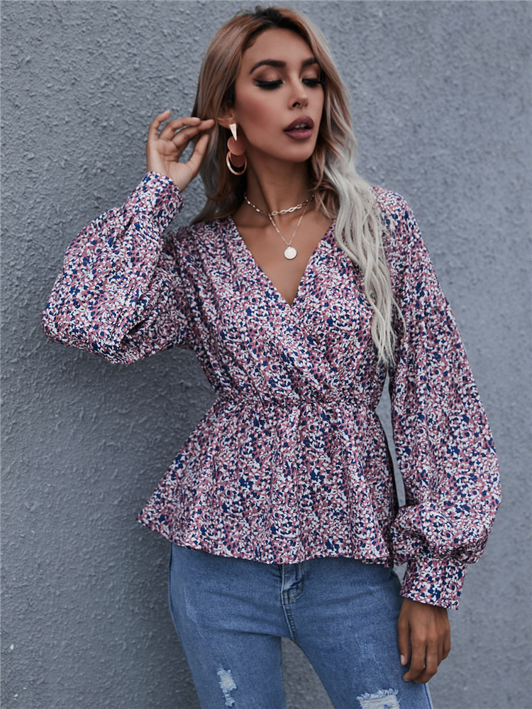 2021夏季新款欧美亚马逊 修身洋气交叉v领印花上衣松紧腰显瘦衬衣