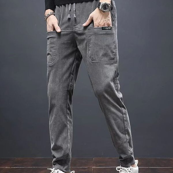 秋冬季新款松紧腰休闲裤男士灯芯六兜绒修身小脚高档时尚潮流长裤