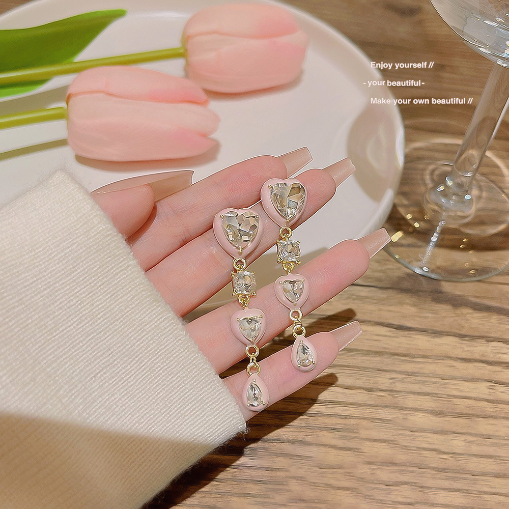 Celebrity Style Girl Pink Earrings Silver Needle High-Grade All-Match and Sweet Earrings Diamond-Embedded Heart-Shaped Cross-Border Earrings for Women