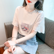 2024夏季新款韩版喇叭袖套头纯棉T恤蕾丝拼接甜美洋气短袖