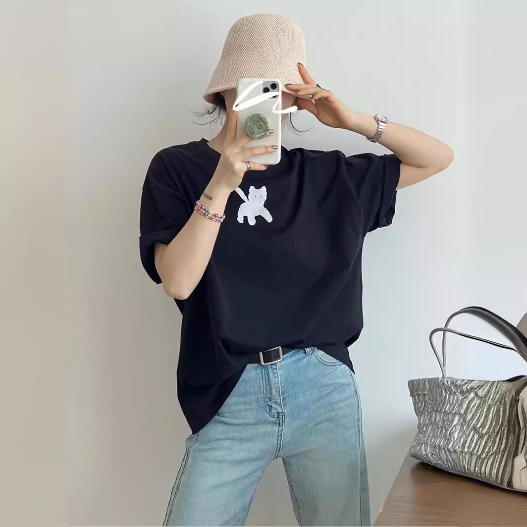 甜酷减龄风圆领套头小猫印花短袖女 宽松百搭显瘦时尚
