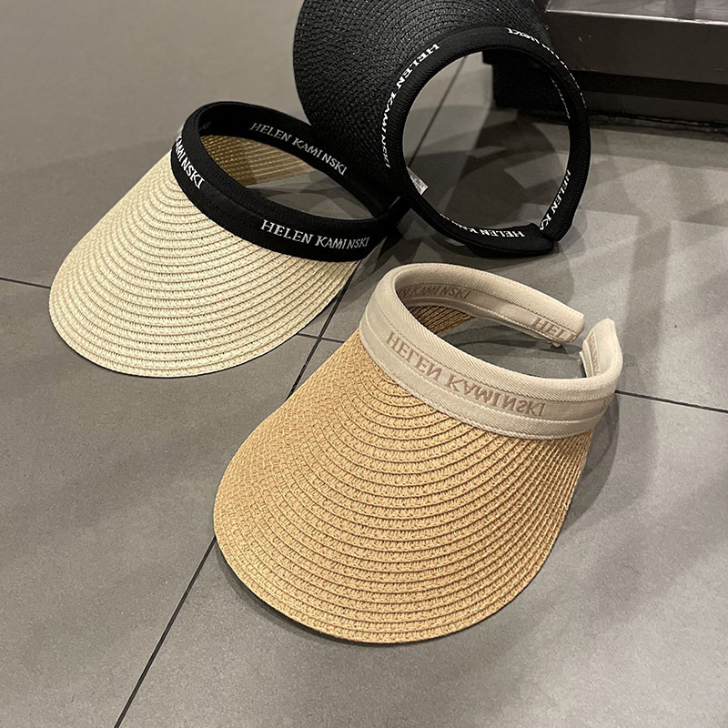 Sun Hat Summer Straw Knitted Peaked Cap Topless Hat Women's Beach Casual Sun-Proof Sun-Proof Non-Top Breathable Hairband Hat Straw Hat