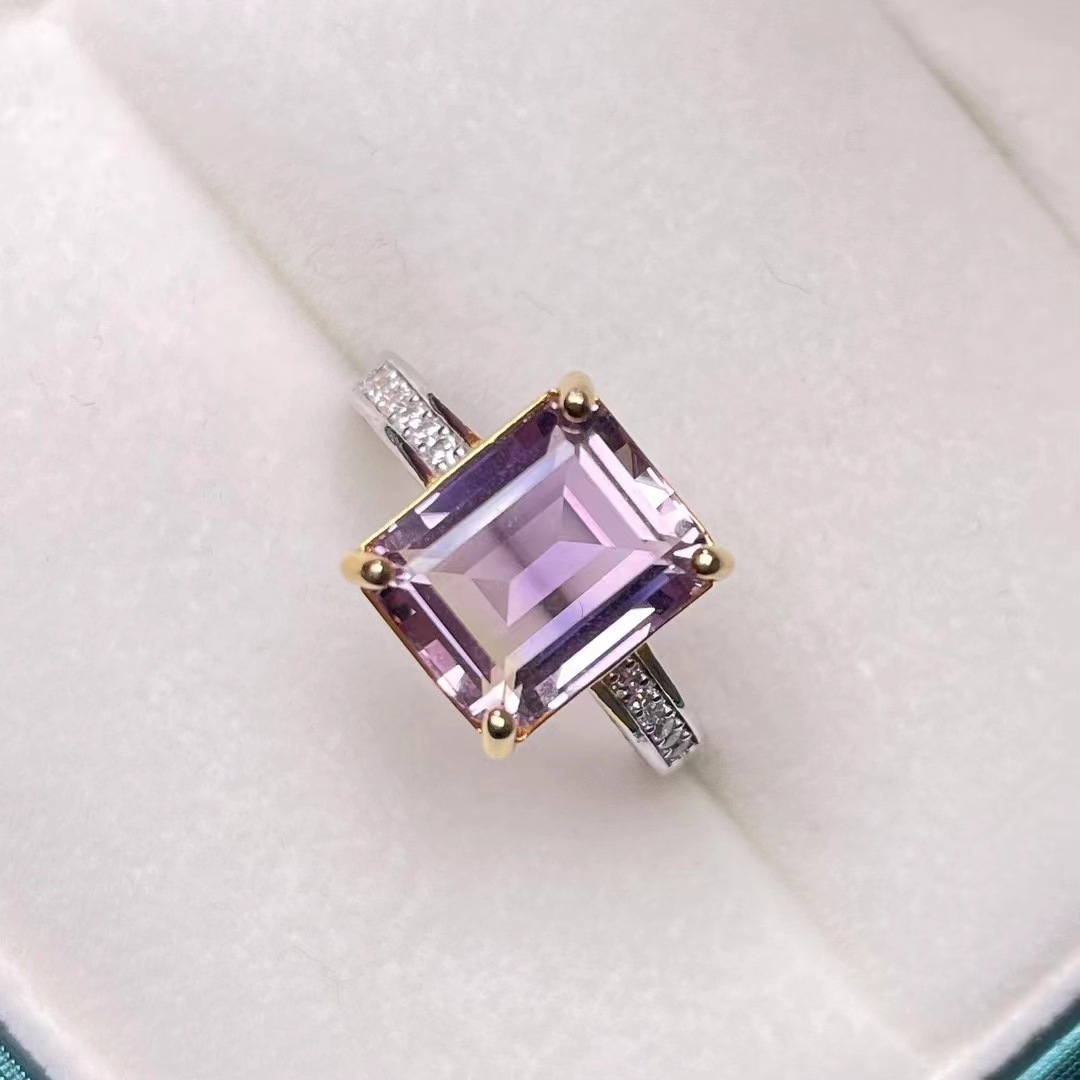 天然彩宝紫黄晶戒指女s925纯银宝石戒指女款开口可调节戒子装饰品