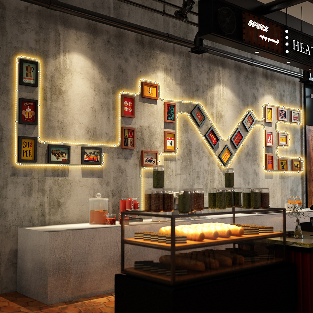 高分子led004 工业风复古发光装饰画组合相框餐饮店led灯带照片墙