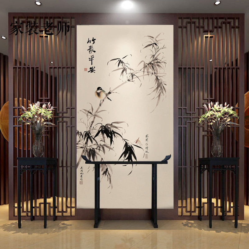 新中式玄关背景墙壁纸竖版墙纸水墨竹报平安壁画复式客厅过道墙布