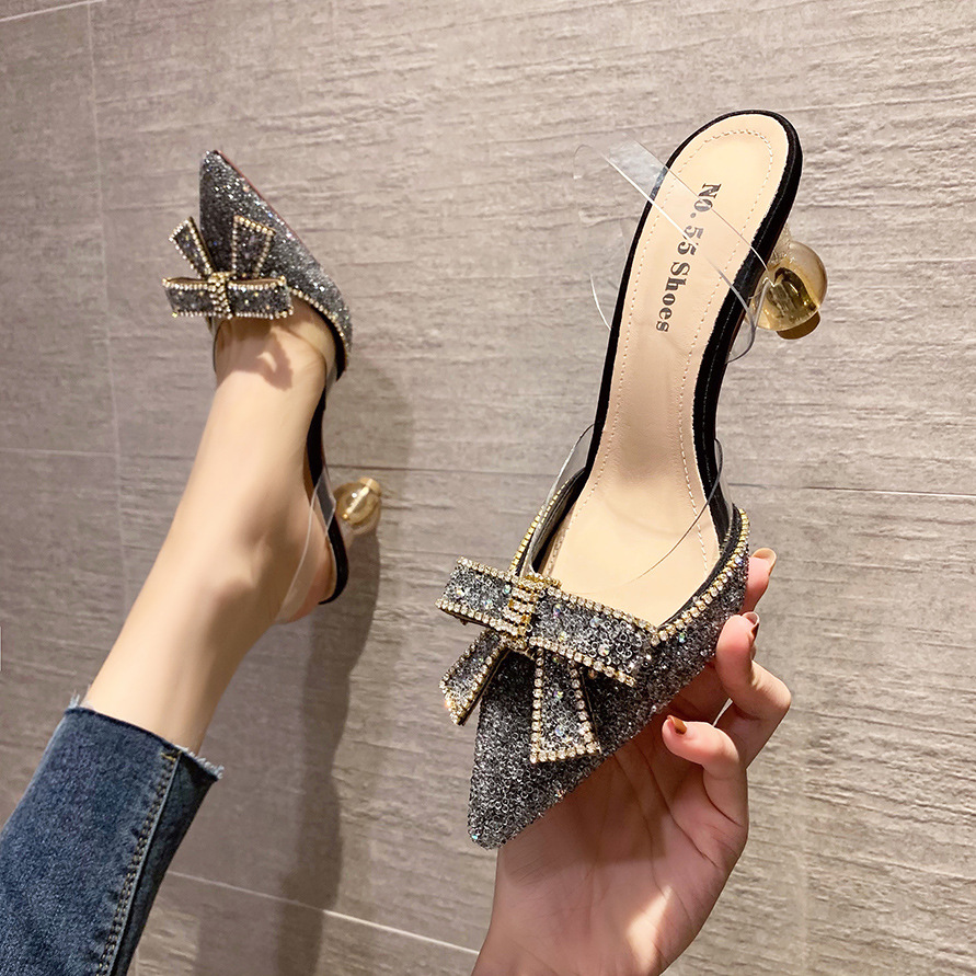 6111-2 European and American Sexy Pointed-Toe Bowknot High Heels Internet Hot Rhinestones Sandals Hollow out One-Word Transparent Strap Women's Shoes