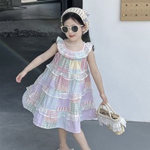 2024夏季韩版 童装 女童荷叶领拼色吊带裙 炫彩蕾丝连衣裙 蛋糕裙