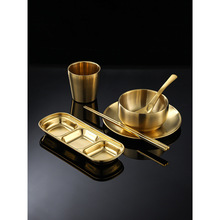 304不锈钢韩式烤肉店餐具套装摆台金色碗骨碟三格碟水杯筷子勺子