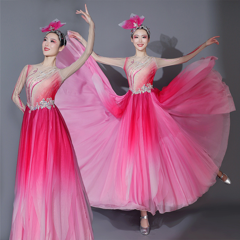 开场舞大摆裙演出服女大气现代裙子凤凰花开舞蹈服装歌伴舞连衣裙