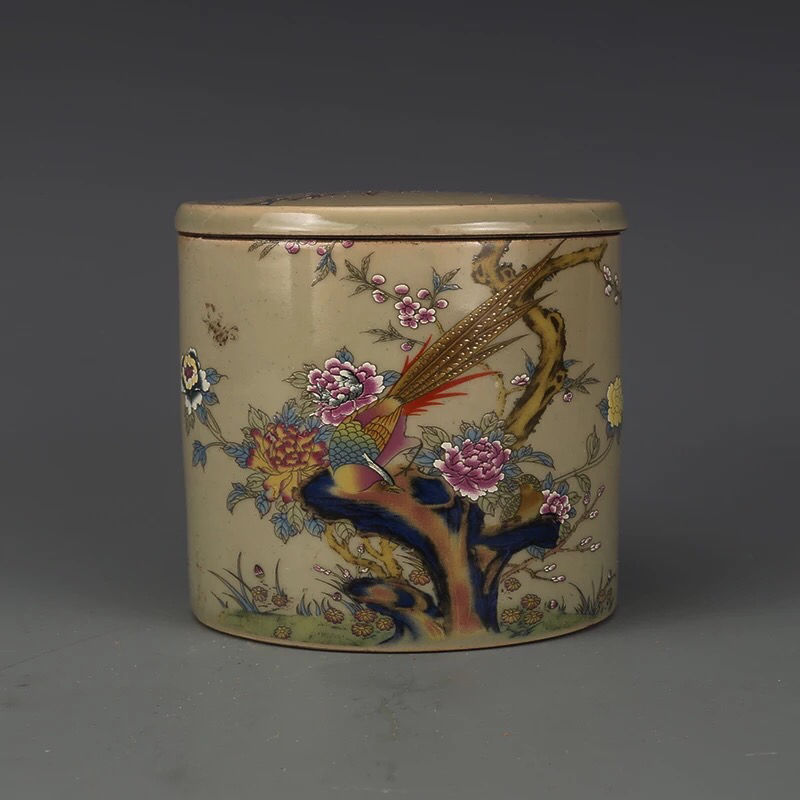 清雍正粉彩花鸟纹蛐蛐罐 古董古玩景德镇仿古瓷器收藏品家居摆件