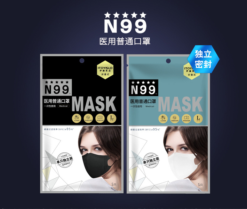 伊藤良品n99一次性口罩防尘防雾霾男女时尚透气5只装立体