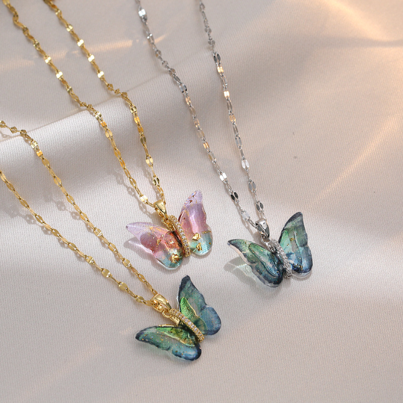 [titanium steel] mori style colorful butterfly light luxury temperament gorgeous necklace women‘s versatile clavicle chain titanium steel chain