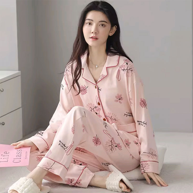温柔仙女风春秋季睡衣女棉开衫长袖长裤宽松加大码优雅家居服套装