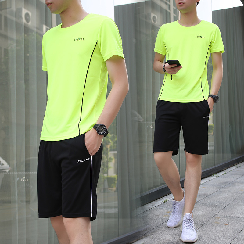 Sports Suit Men's Summer Ice Silk Short Sleeve T-shirt Two-Piece Fitness Loose Clothes Casual Running Sportswear