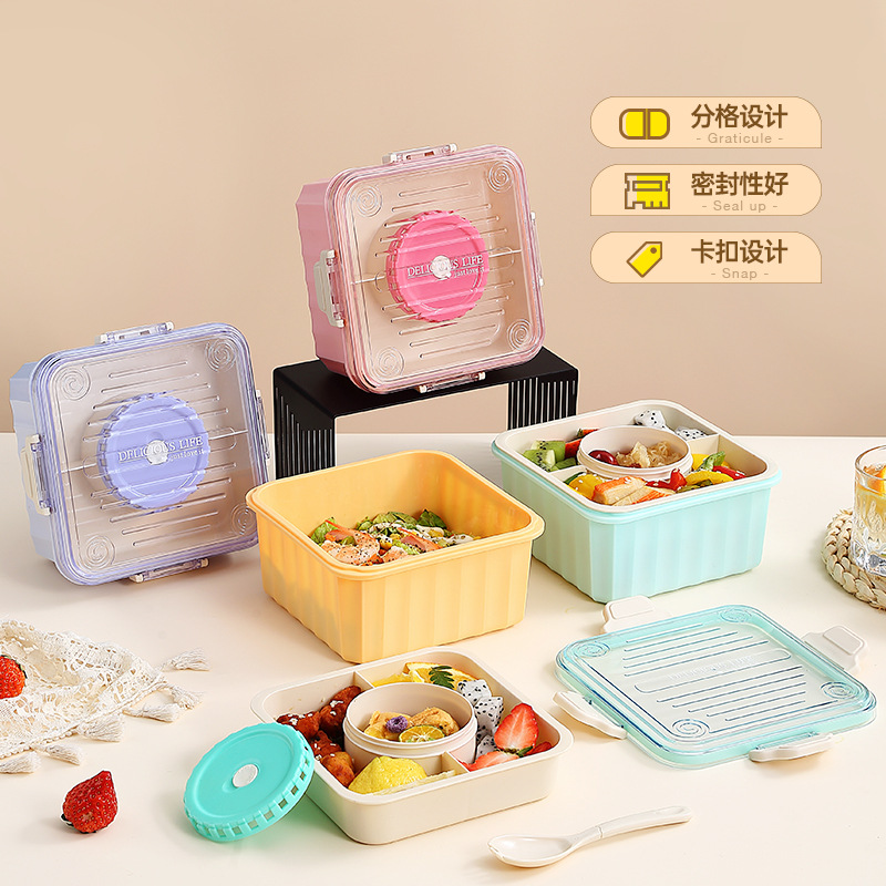 Large Capacity 2.15l Candy Small Fresh Square Rectangular Lunch Box Compartment Sealed Bento Microwaveable Lunch Box