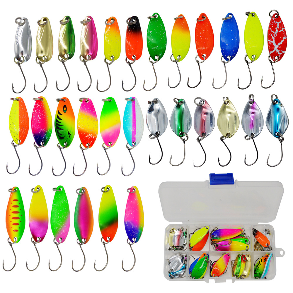 出口路亚亮片套装30件金属勺型亮片单钩出口马口翘嘴鳟鱼亮片