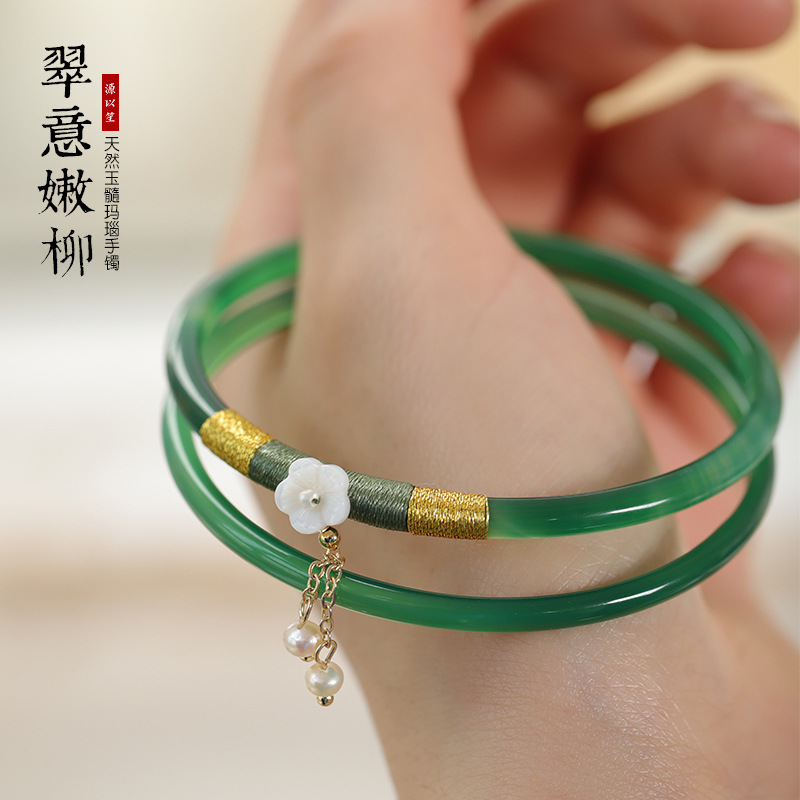 天然玉髓叮当镯汉服古风缠线设计一对女夏翡翠色细款正品少女手镯