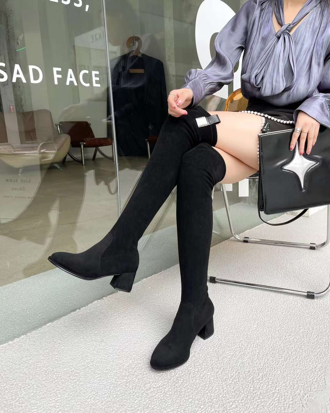 朱朱家2023秋冬新款弹力布圆头高跟长筒袜靴粗跟过膝弹力靴265822