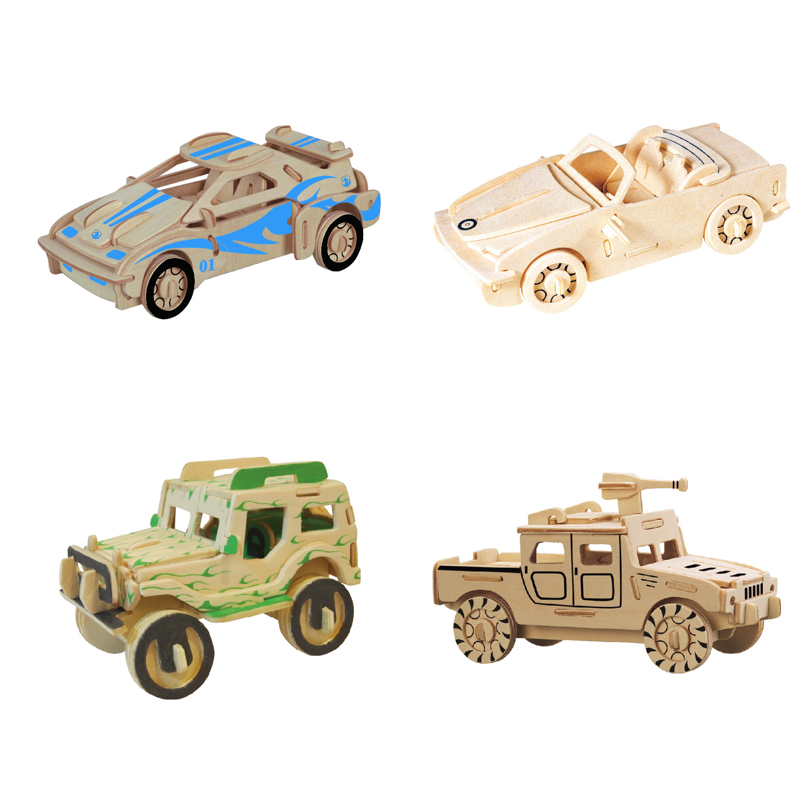 四联厂家直销 木质拼图玩具彩色小汽车跑车 儿童diy益智拼装玩具