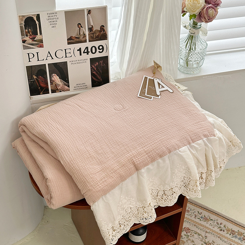 a类法式全棉褶皱纱布夏凉被空调被四件套柔软花边镂空蕾丝夏被ins