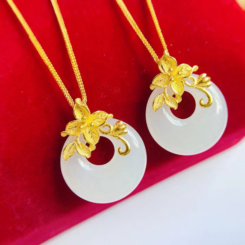 足金999和田白玉吊坠搭配18k金项链 纯黄金999金枝玉叶金镶玉项链