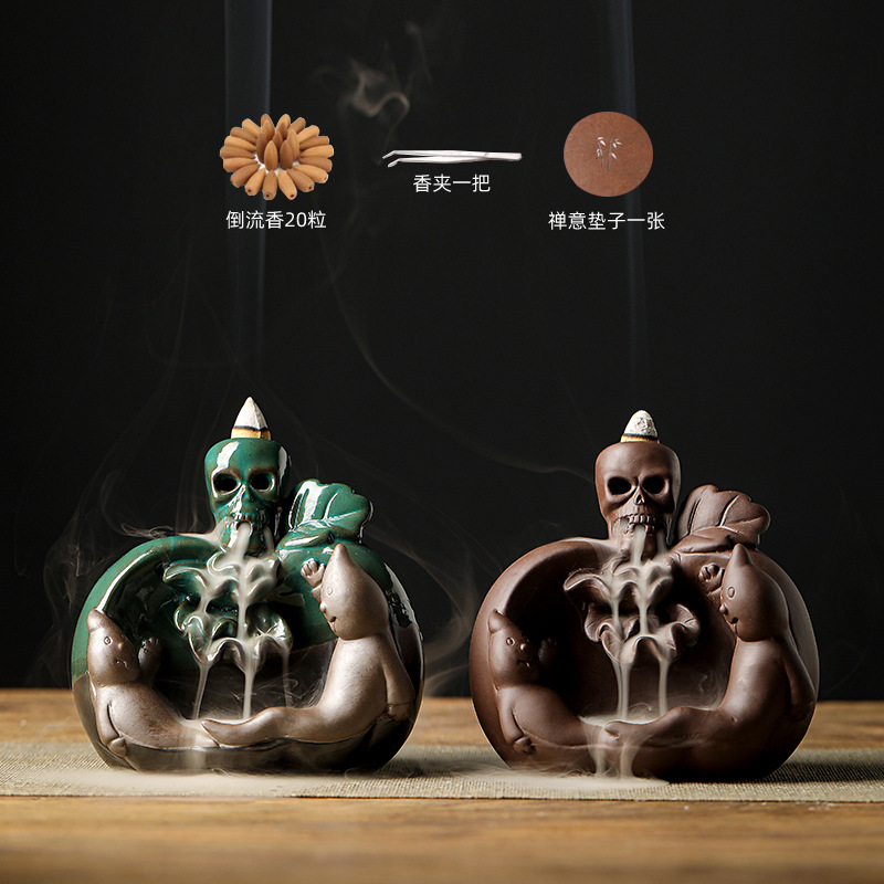 跨境欧美复活节鬼节骷髅头蓝色倒流香炉家居万圣节香薰炉陶瓷摆件