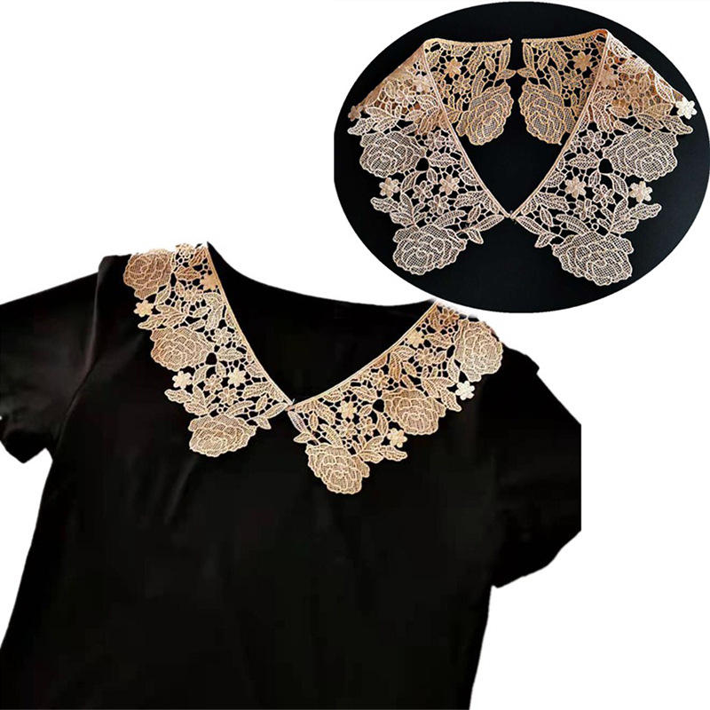 卡其水溶刺绣蕾丝花边对领diy服装手工辅料假领杏色领口配饰玫瑰