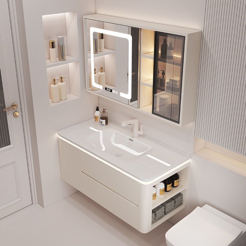 简约奶油风洗手台现代卫生间陶瓷一体盆智能实木浴室柜组合洗脸盆