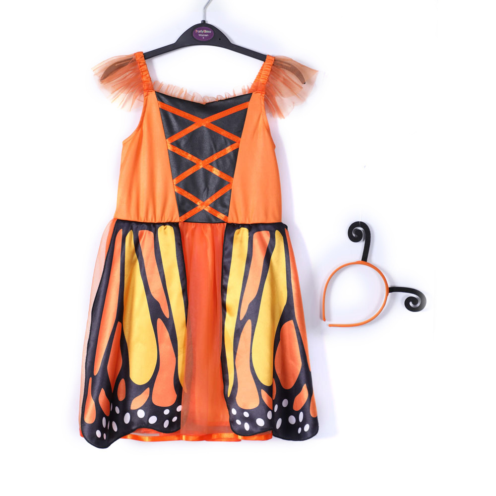 外贸新款万圣节儿童cos演出服 橙色蝴蝶公主连衣裙套装带头箍