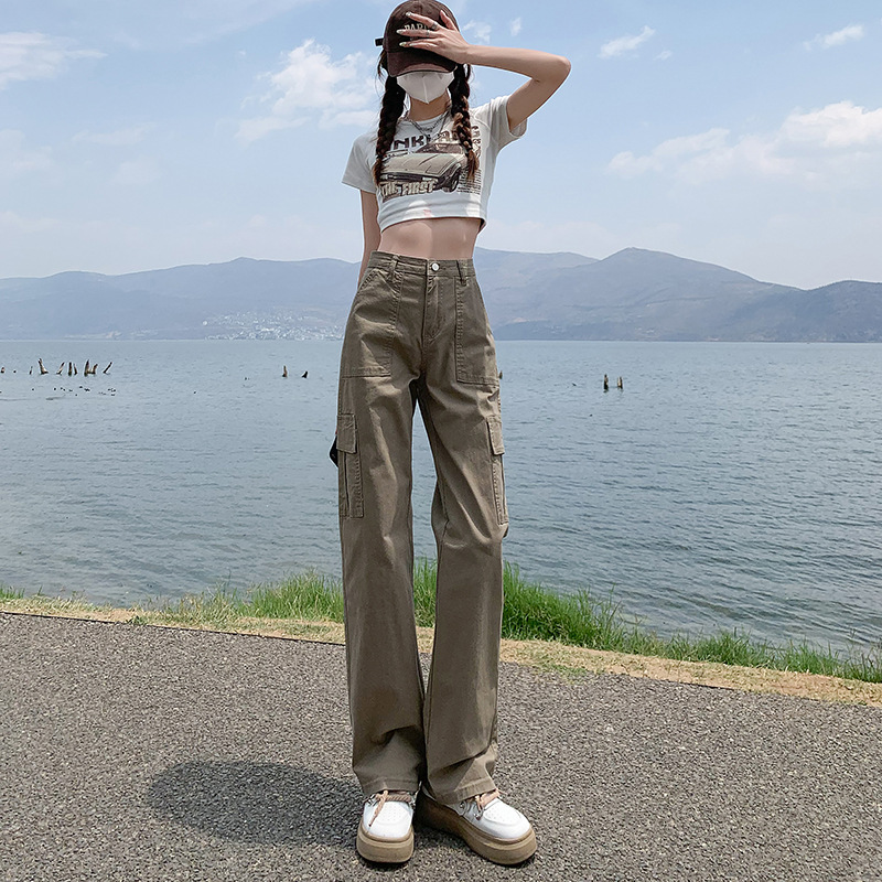 American Hot Girl High Waist Straight Cargo Pants Women's Summer 2023 New Loose Slimming Casual Wide Leg Mop Pants