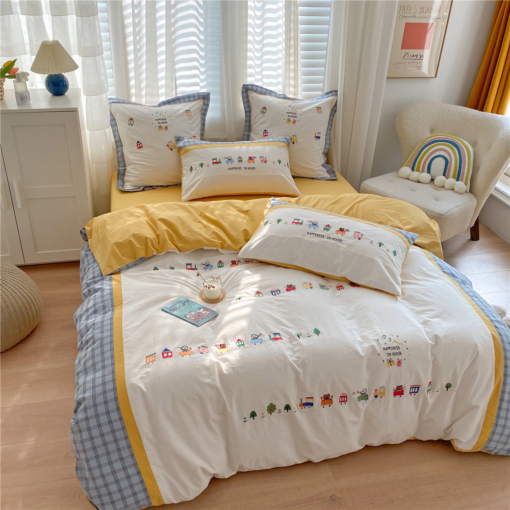 小清新卡通刺绣纯棉水洗棉四件套 ins风全棉拼接被套柔软床上用品