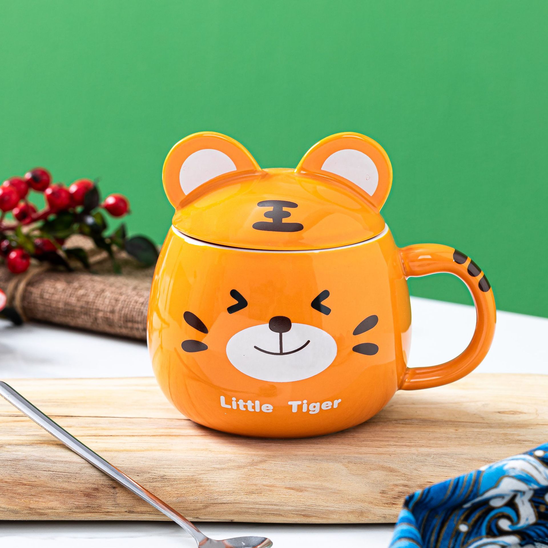 卡通可爱老虎陶瓷杯带盖水杯创意马克杯批发活动礼品赠品杯子
