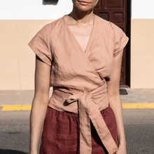 亚麻衬衫夏季新款新中式小众设计感对襟系带棉麻v领上衣短袖T恤女