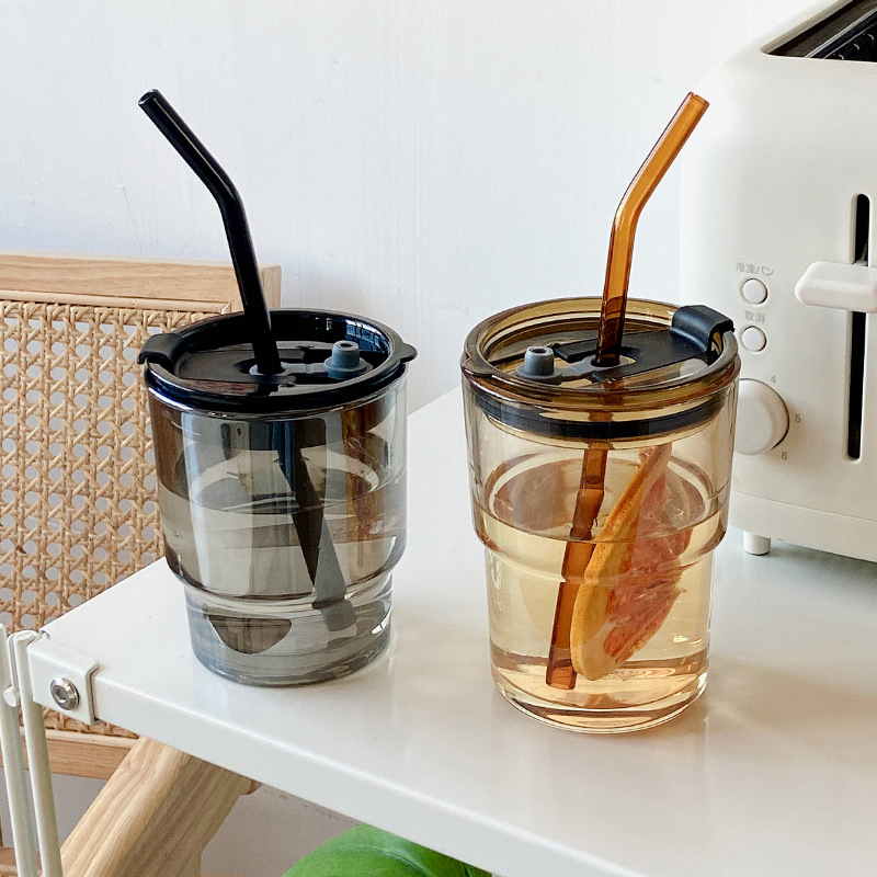 Thermal Transfer Printing Cold Extraction Coffee Cup Ins Style Brown Bamboo Joint Cup with Straw Glass with Lid Internet Sensation Milk Tea Water Cup