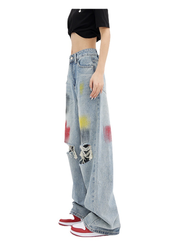 Ken Studio Summer Graffiti Blue Washed Ripped Jeans Women's Wide-Leg Pants Mop Pants Straight-Leg Pants Pants