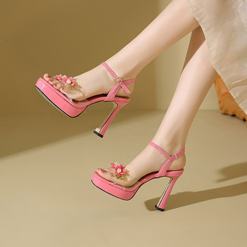 性感女鞋夏季新款鞋子方头粗跟高跟鞋水台花朵亮片搭扣露趾凉鞋女