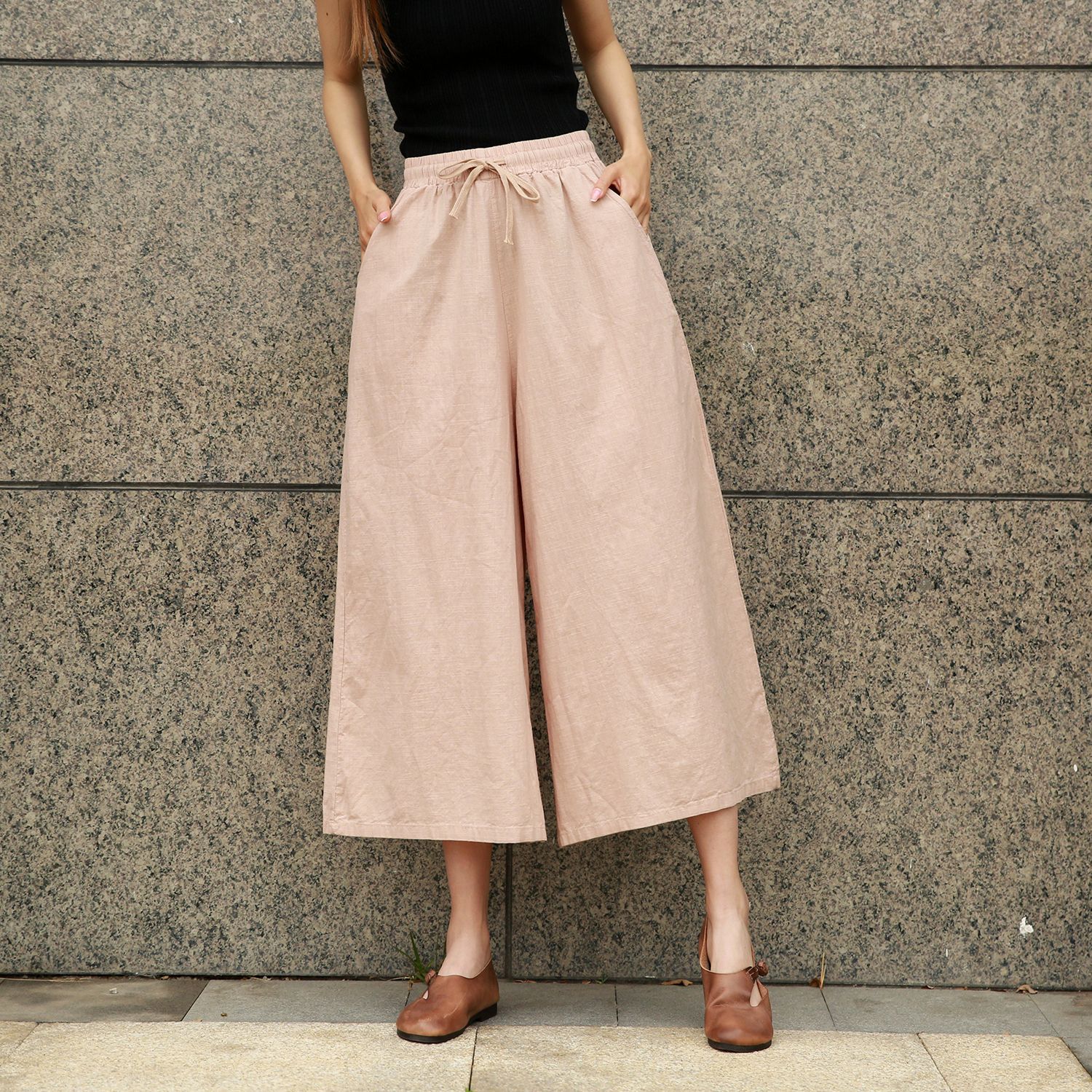 21年春夏新品苎麻裙裤阔腿女水洗棉麻大码裤裙外穿休闲八分裤