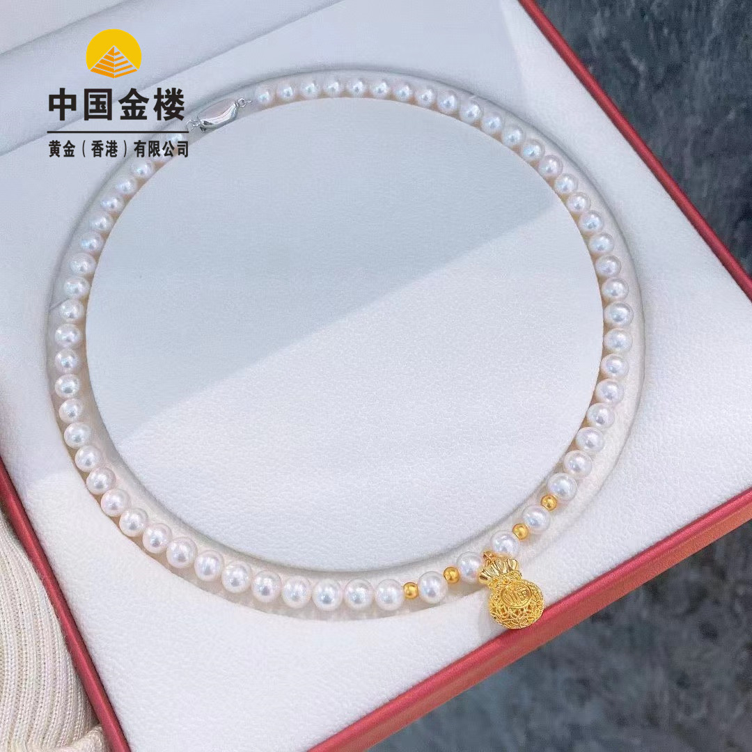 黄金999足金福袋吊坠天然珍珠项链5d无氰镂空福袋挂坠母亲节礼物